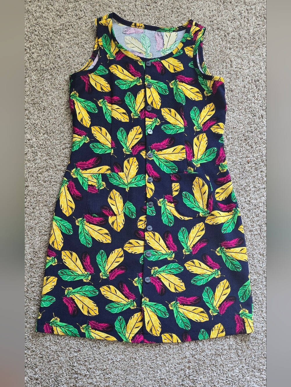 Colorful Feather Print Sleeveless Button Front Dress | Casual Front Pocket Dress